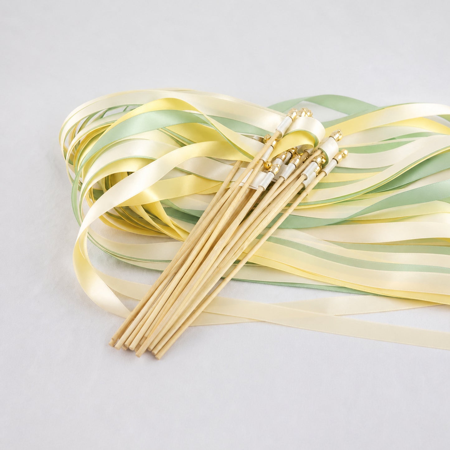 Fresh Spring Meadow Wedding Send-Off Wands - Triple Satin Ribbon in Ivory, Baby Maize and Seamist