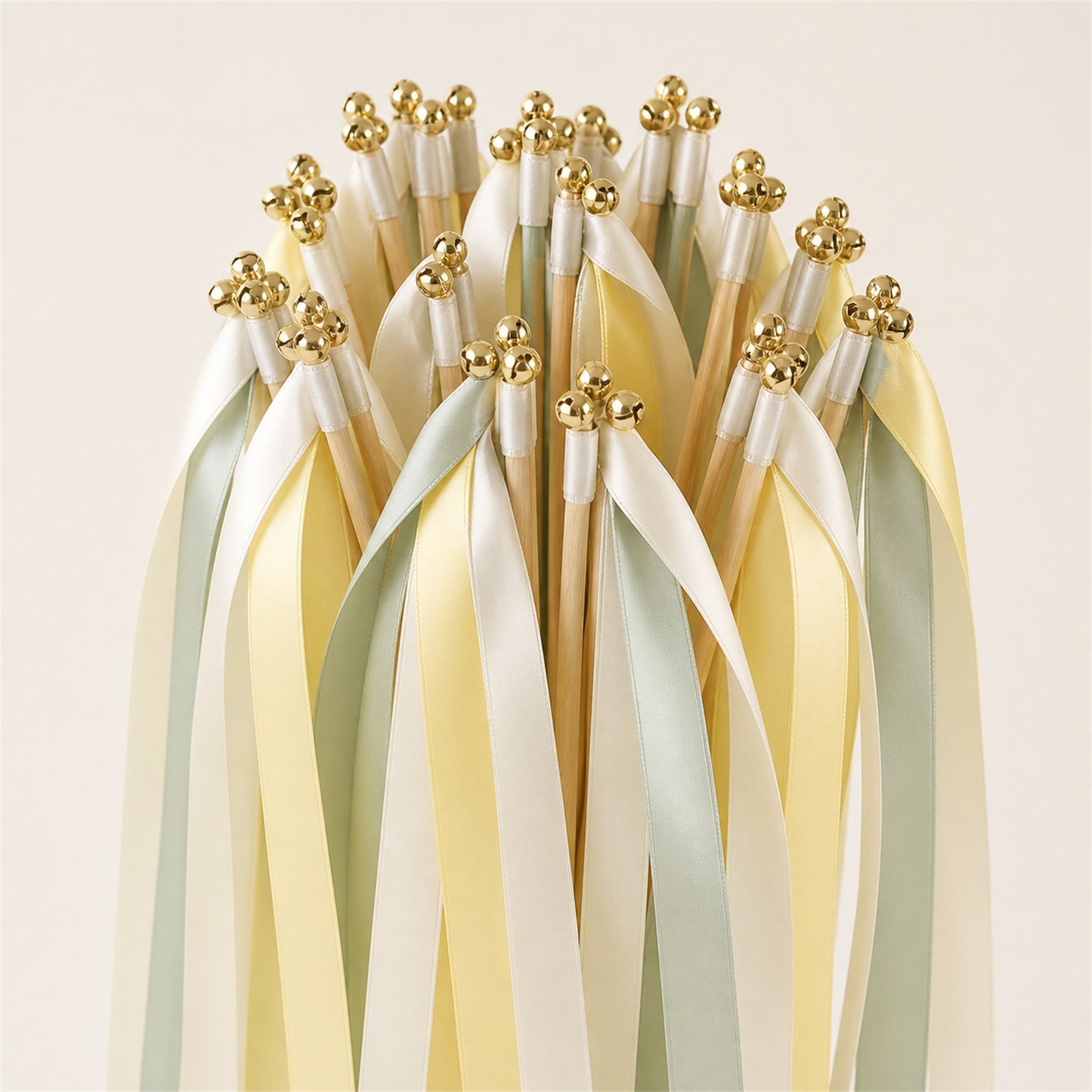 Fresh Spring Meadow Wedding Send-Off Wands - Triple Satin Ribbon in Ivory, Baby Maize and Seamist