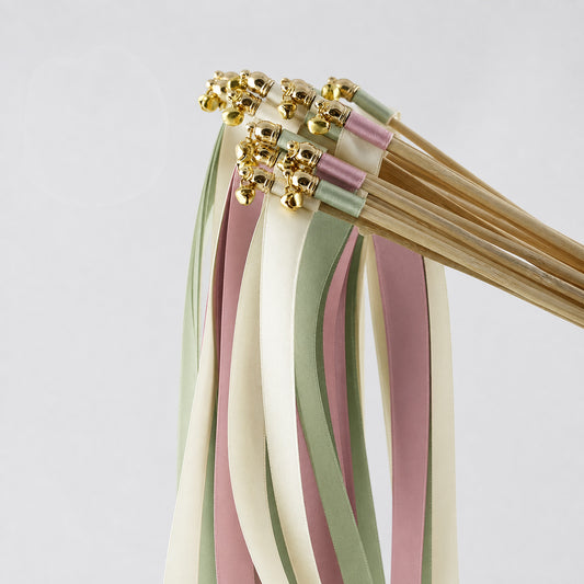 Jade Rose Wedding Send-Off Wands - Triple Satin Ribbon in Ivory, Jade and Rosy Mauve