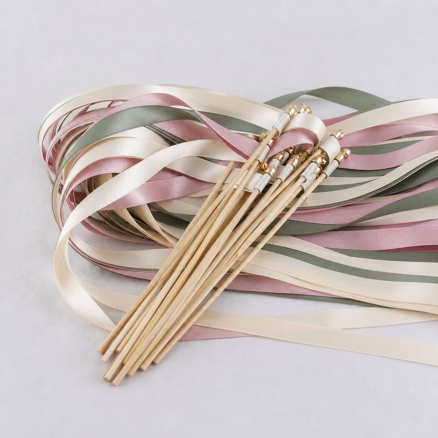 Jade Rose Wedding Send-Off Wands - Triple Satin Ribbon in Ivory, Jade and Rosy Mauve