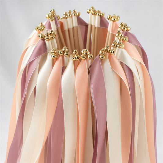 Antique Peach Wedding Ribbon Wands with Bell - Ivory, Light Peach and Antique Mauve