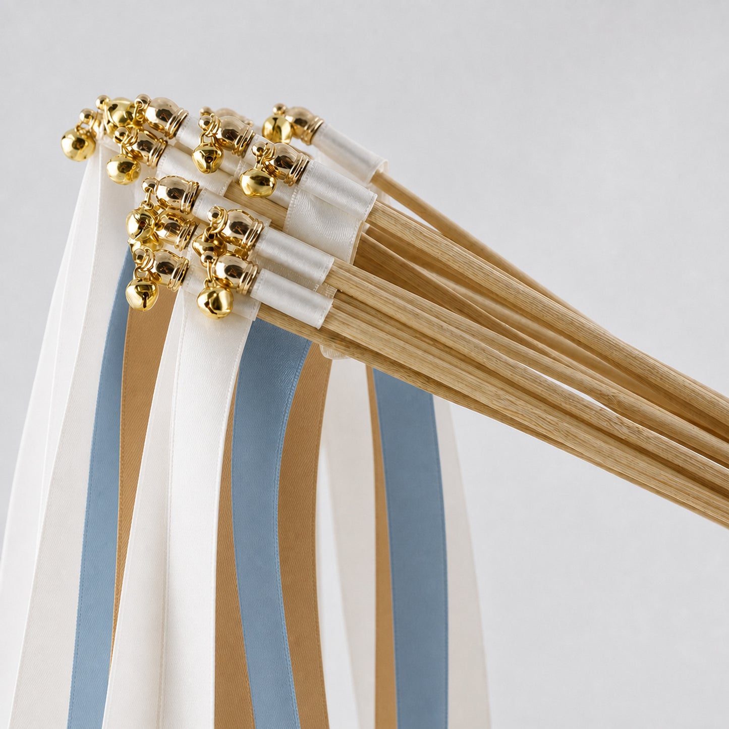 Handmade Quiet Luxury Wedding Ribbon Wands - White, Smoke Blue and Toffee with Bell