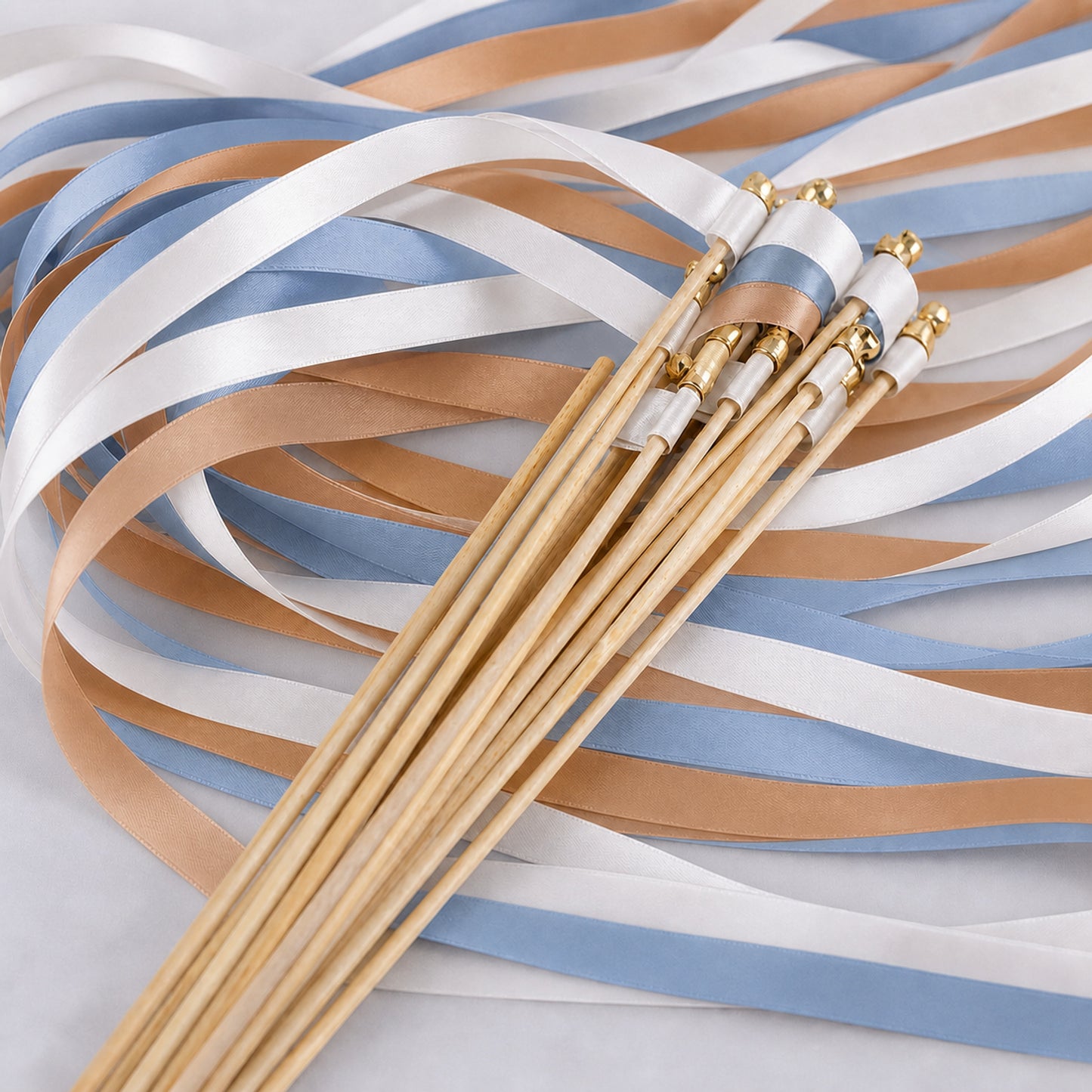 Handmade Quiet Luxury Wedding Ribbon Wands - White, Smoke Blue and Toffee with Bell