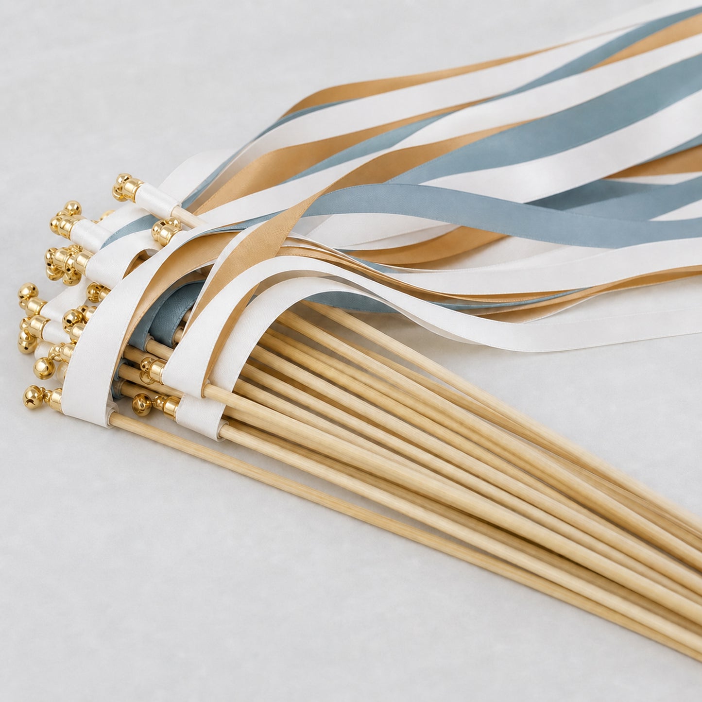 Handmade Quiet Luxury Wedding Ribbon Wands - White, Smoke Blue and Toffee with Bell