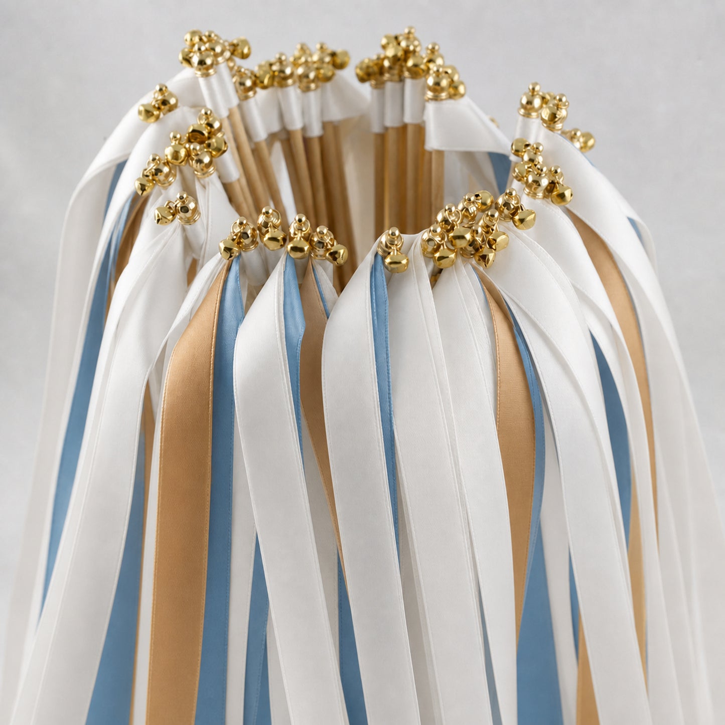 Handmade Quiet Luxury Wedding Ribbon Wands - White, Smoke Blue and Toffee with Bell