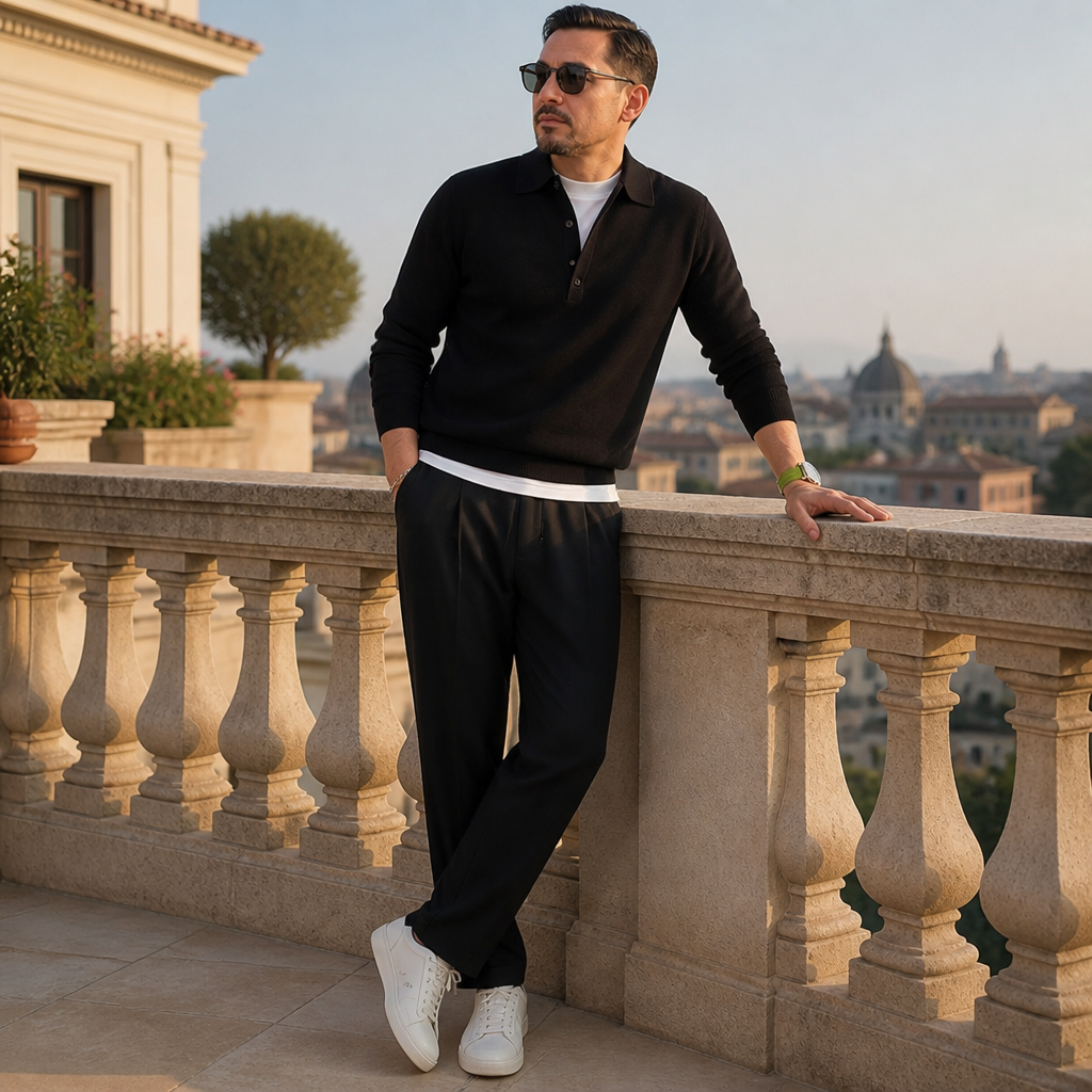 LuxeWave™ – Fine-Knit Long-Sleeve Polo with Three-Button Placket