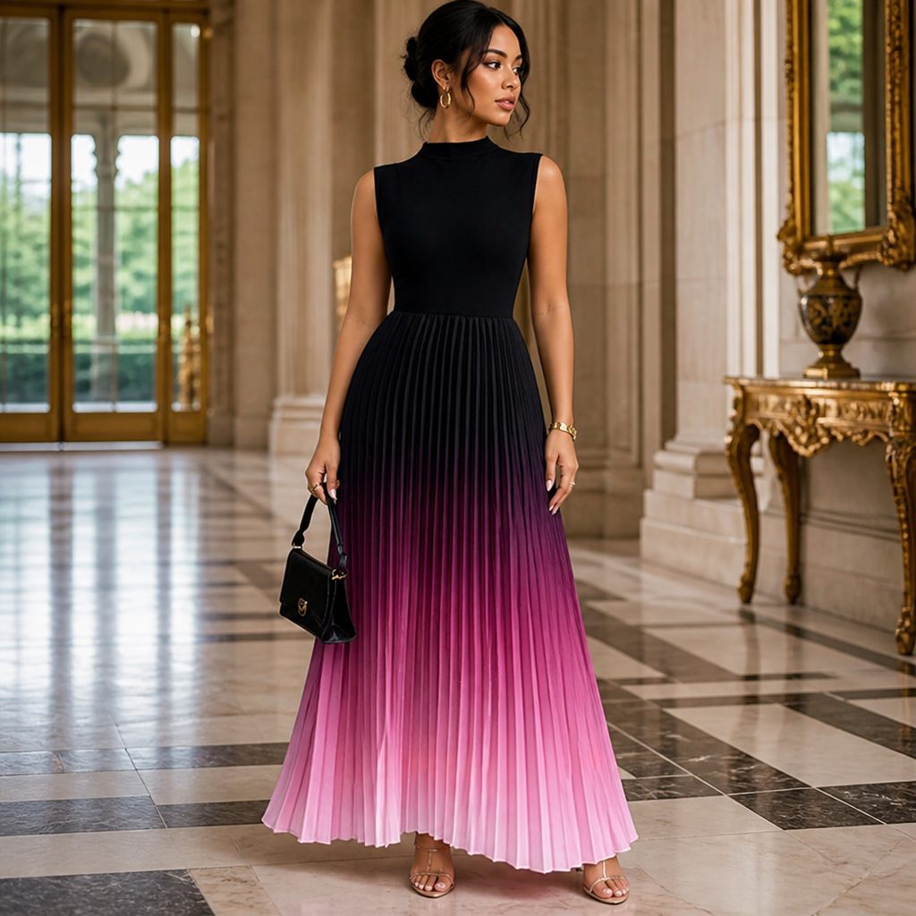 LioraMist™ – Sleeveless Ombre Pleated Maxi Dress with Hidden Pockets
