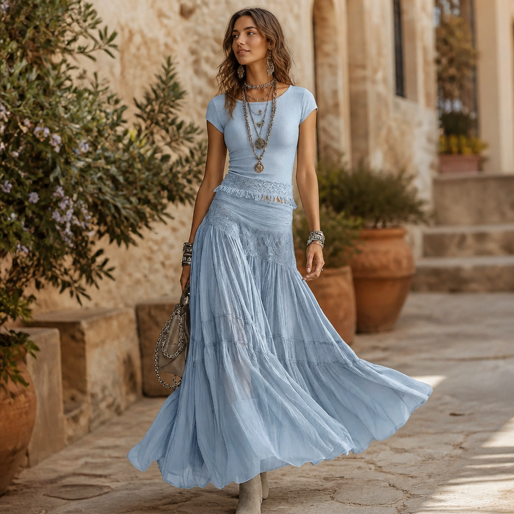 LumaSeren™ – Boho Two-Piece Set with Lace-Panel Tiered Maxi Skirt