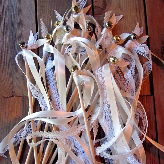 Vintage Ivory Lace Wedding Ribbon Wands with Bells for Ceremony Exit