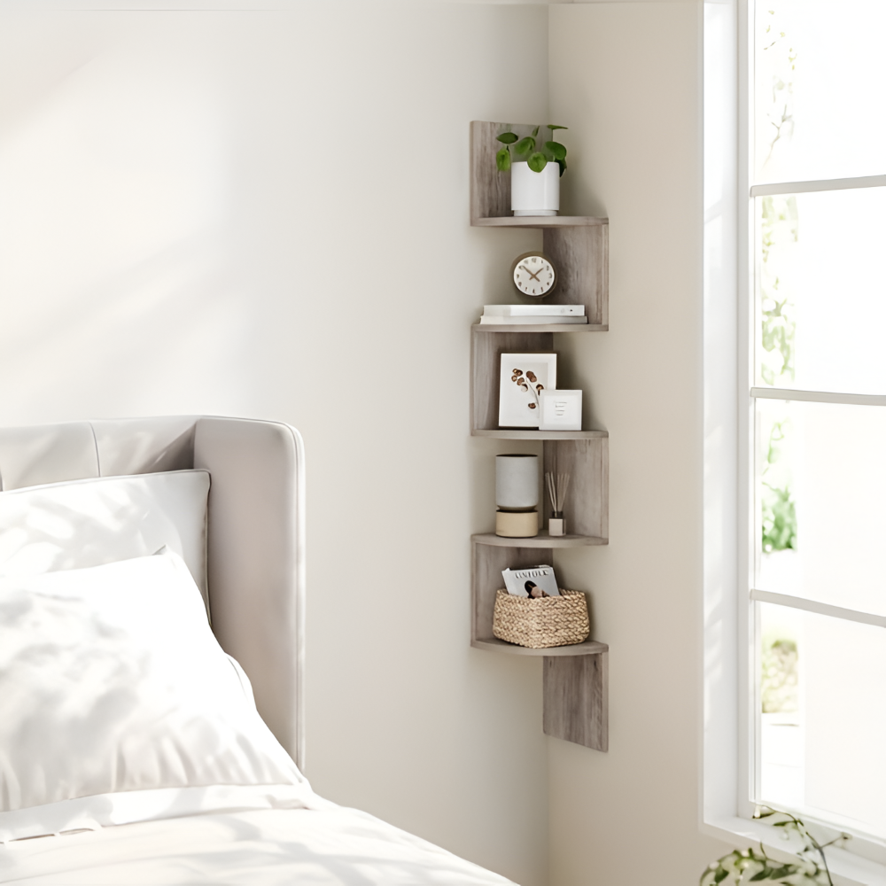 Corner Shelf 5 Tiers | Zigzag Style with Shelves | Space-Saving Corner Fit | CornerZig