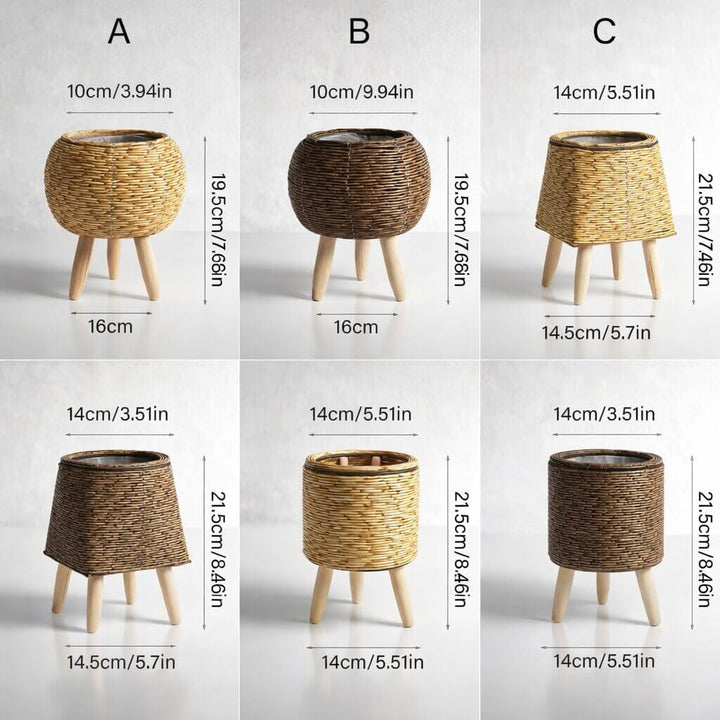 Flower Planter with Wooden Stand | Woven Basket Texture | Suitable for Indoor and Outdoor | Plantara