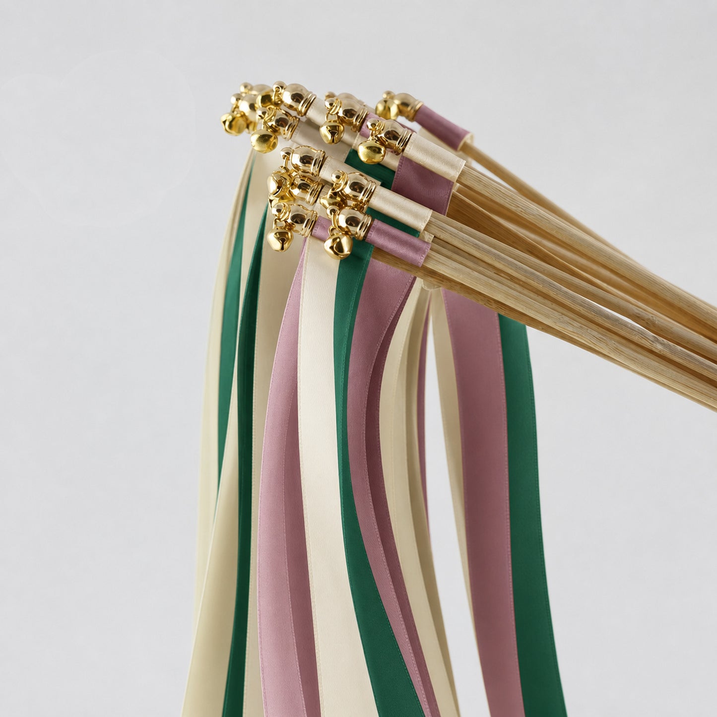 Handmade Cream, Emerald and Antique Mauve Wedding Ribbon Wands with Bell - Emerald Mauve
