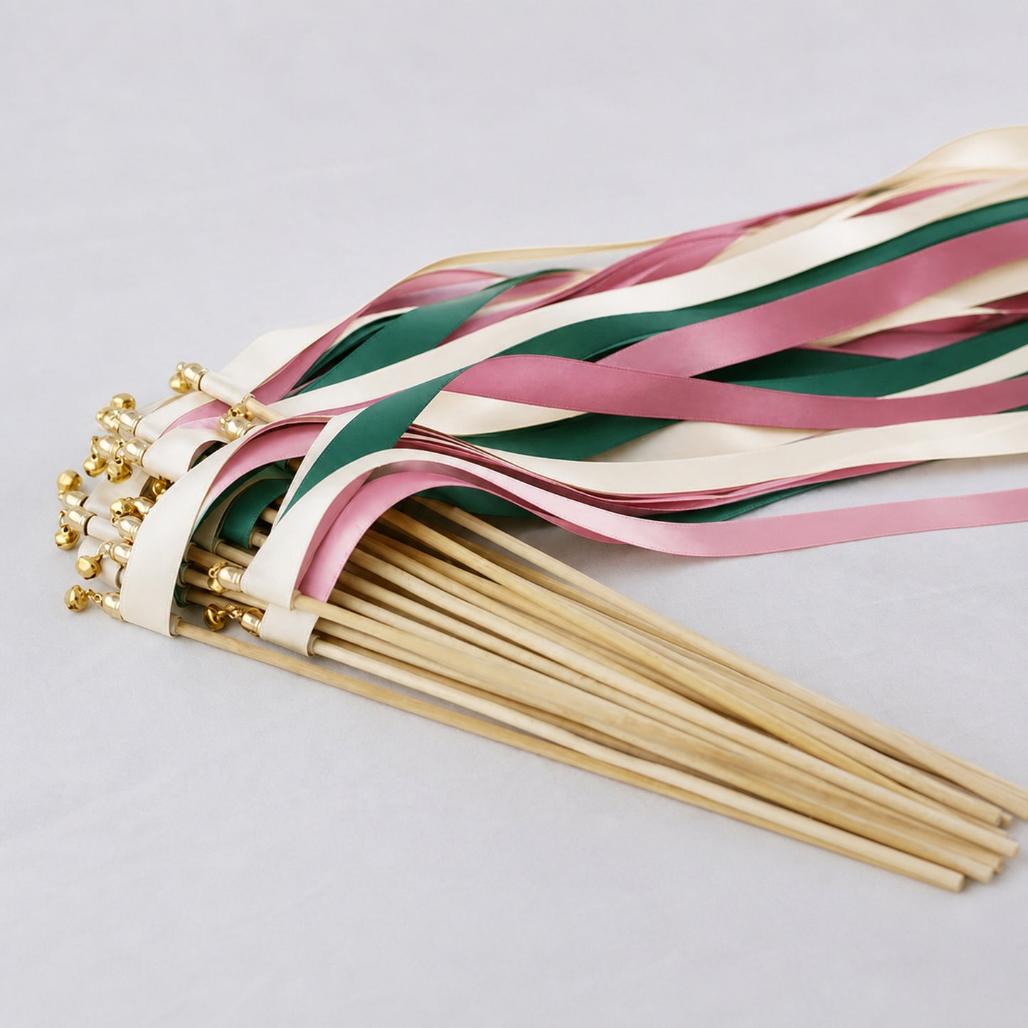 Handmade Cream, Emerald and Antique Mauve Wedding Ribbon Wands with Bell - Emerald Mauve