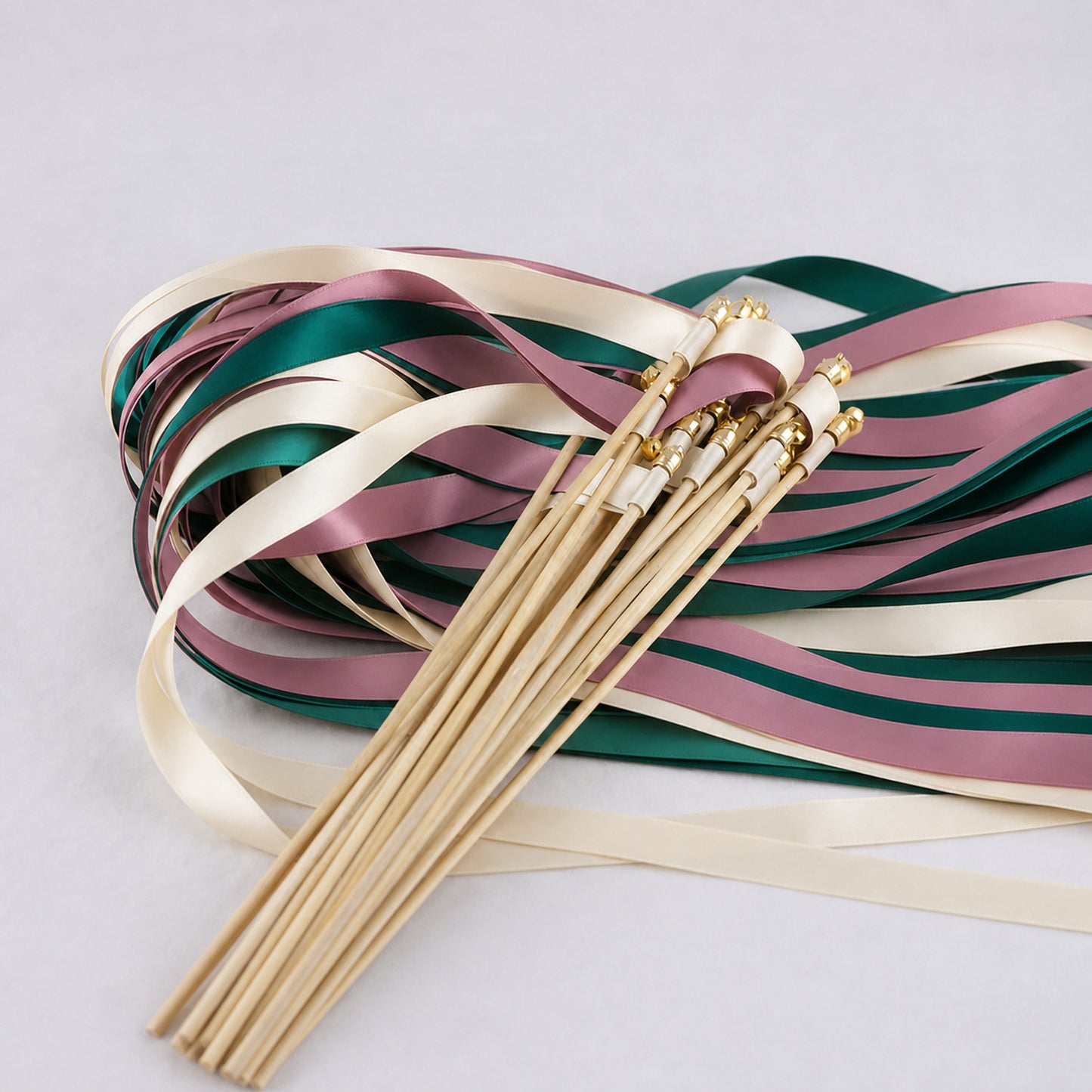 Handmade Cream, Emerald and Antique Mauve Wedding Ribbon Wands with Bell - Emerald Mauve
