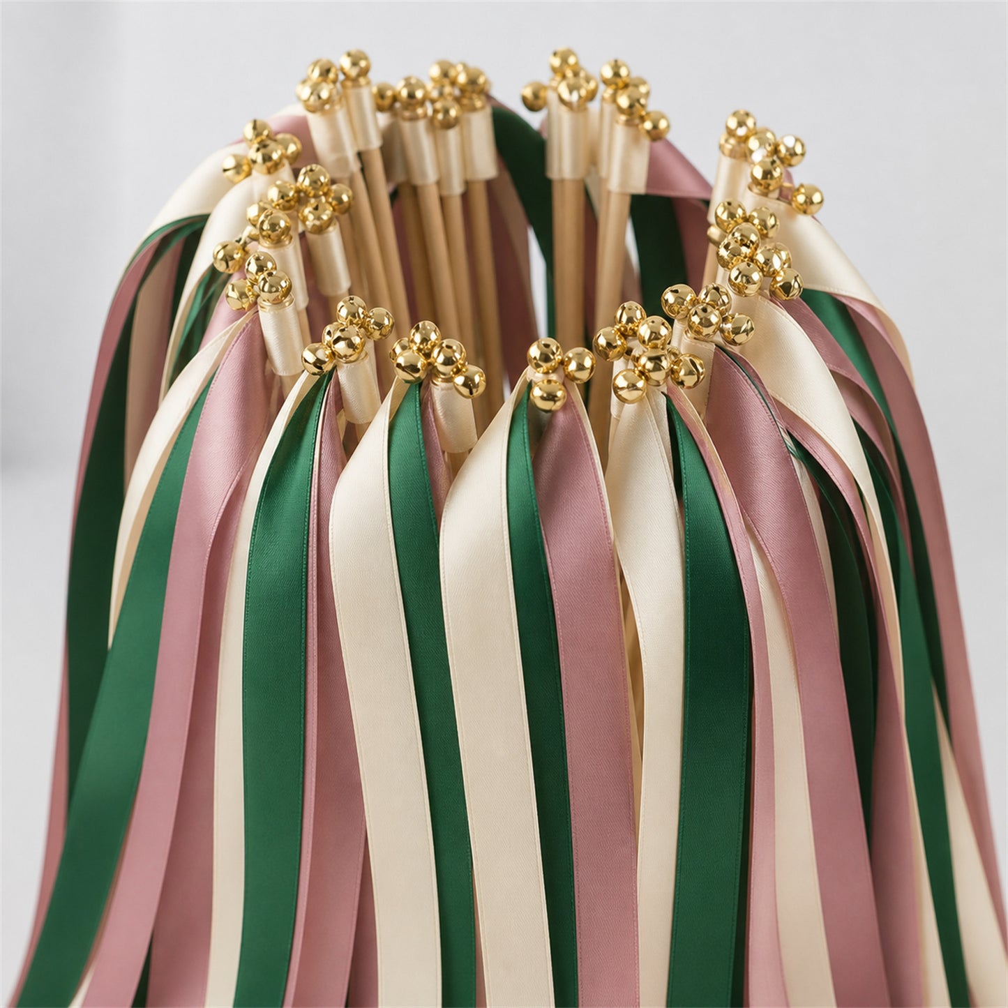 Handmade Cream, Emerald and Antique Mauve Wedding Ribbon Wands with Bell - Emerald Mauve