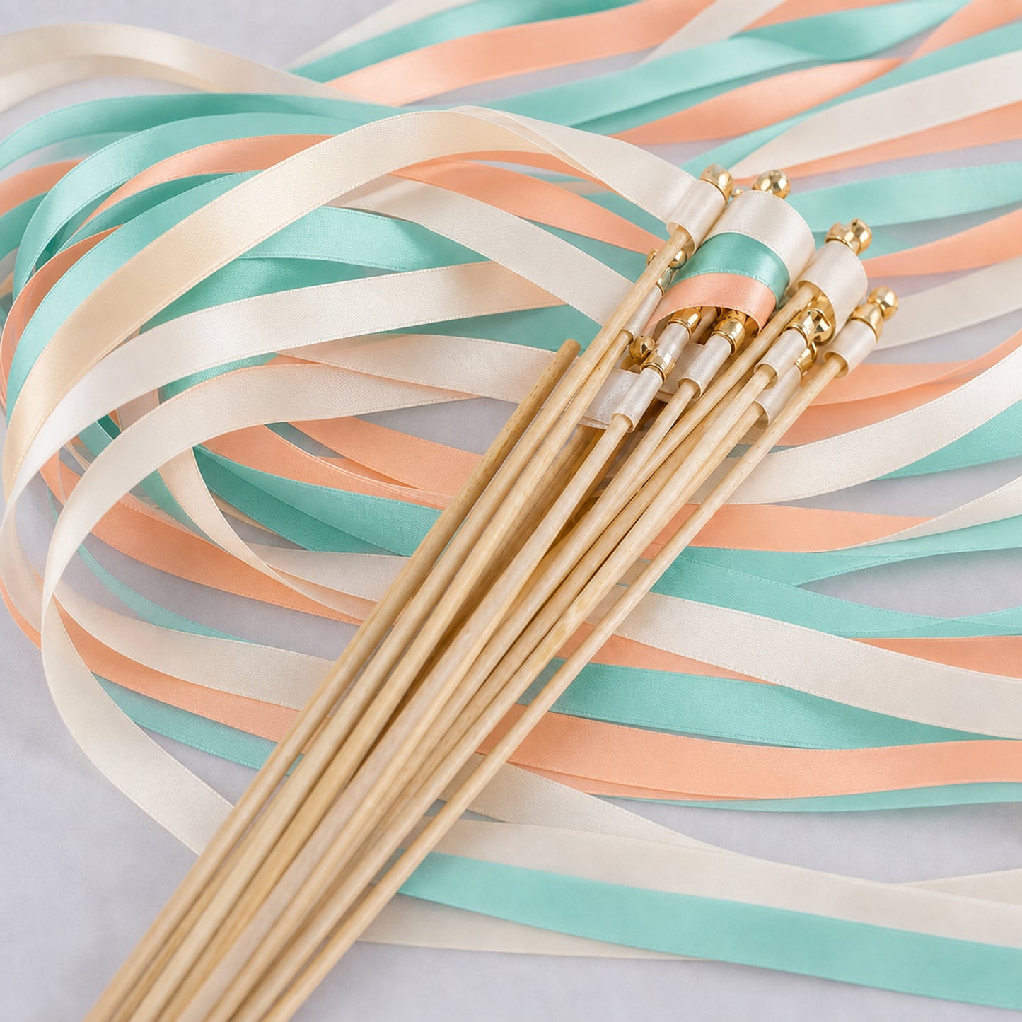 Handmade Tropical Destination Wedding Wands - Ivory, Turquoise Green and Peach Ribbons