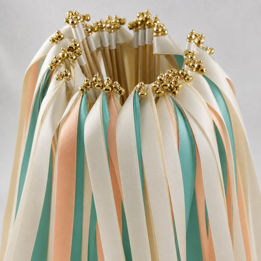 Handmade Tropical Destination Wedding Wands - Ivory, Turquoise Green and Peach Ribbons