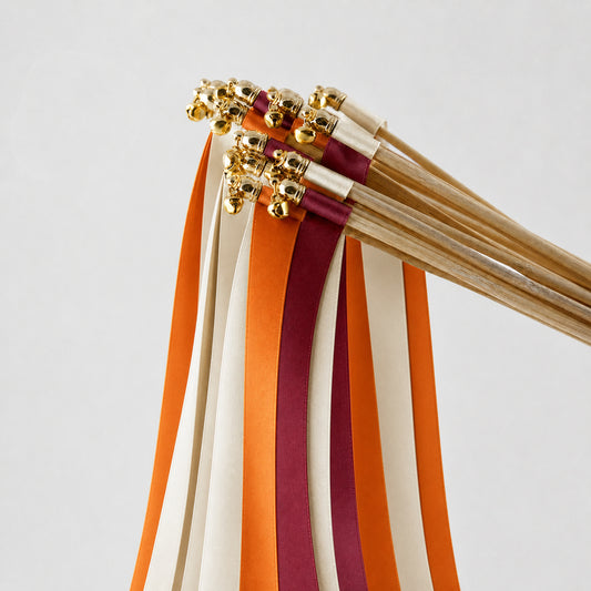 Handmade Off White, Burnt Orange and Burgundy Wedding Ribbon Wands with Bell - Autumn Ember