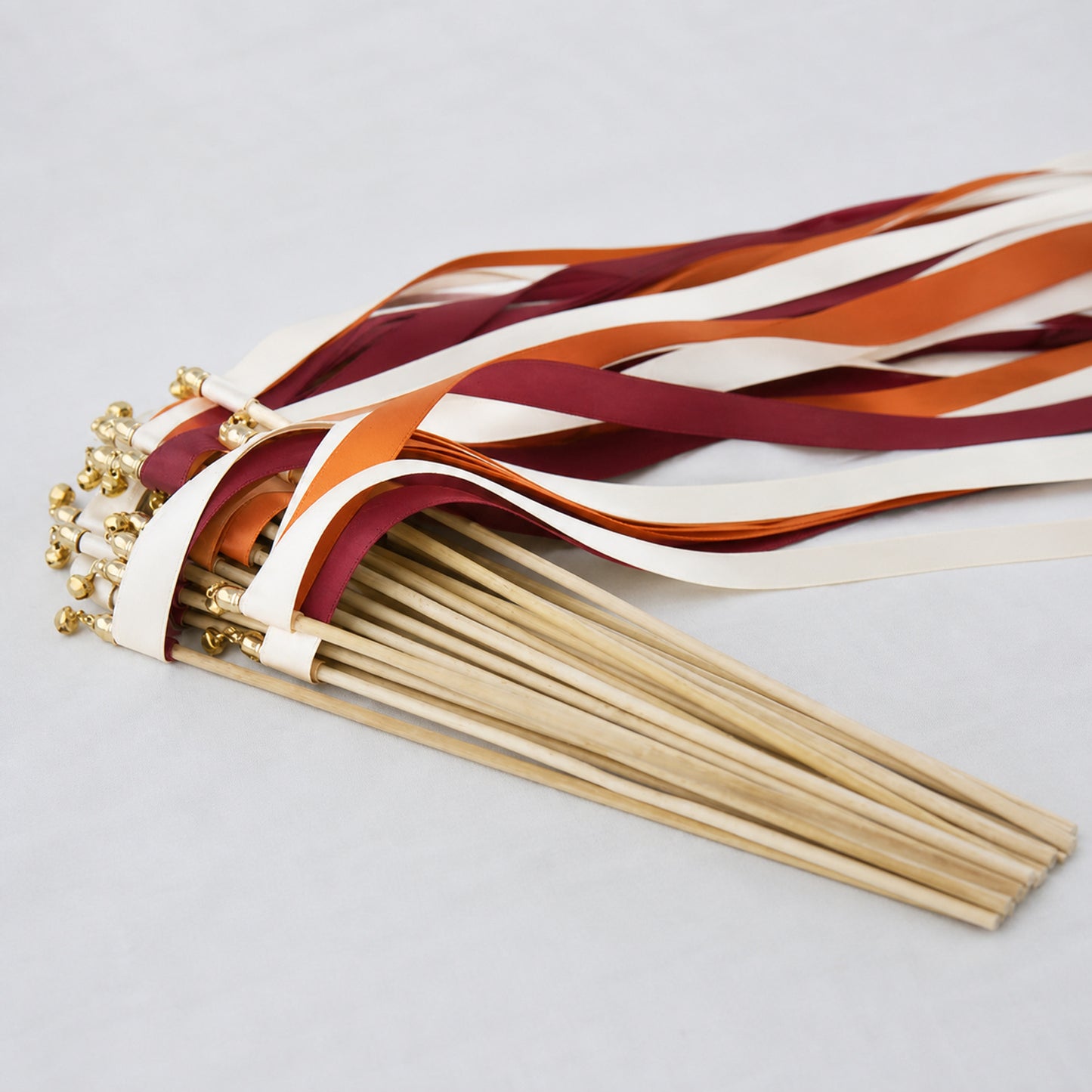 Handmade Off White, Burnt Orange and Burgundy Wedding Ribbon Wands with Bell - Autumn Ember