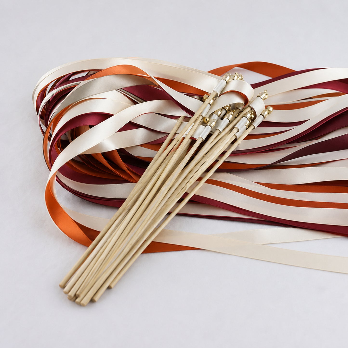 Handmade Off White, Burnt Orange and Burgundy Wedding Ribbon Wands with Bell - Autumn Ember