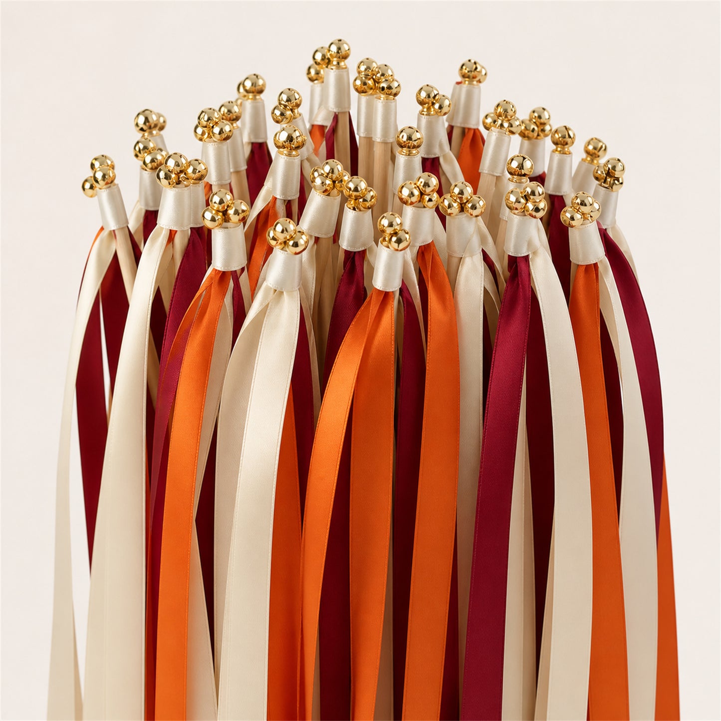 Handmade Off White, Burnt Orange and Burgundy Wedding Ribbon Wands with Bell - Autumn Ember