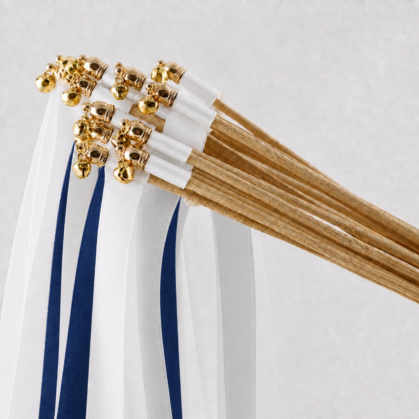Classic Navy Wedding Ribbon Wands - White, Light Navy and Shell Gray with Bell