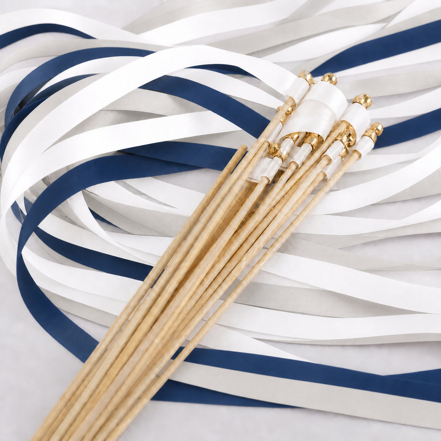Classic Navy Wedding Ribbon Wands - White, Light Navy and Shell Gray with Bell