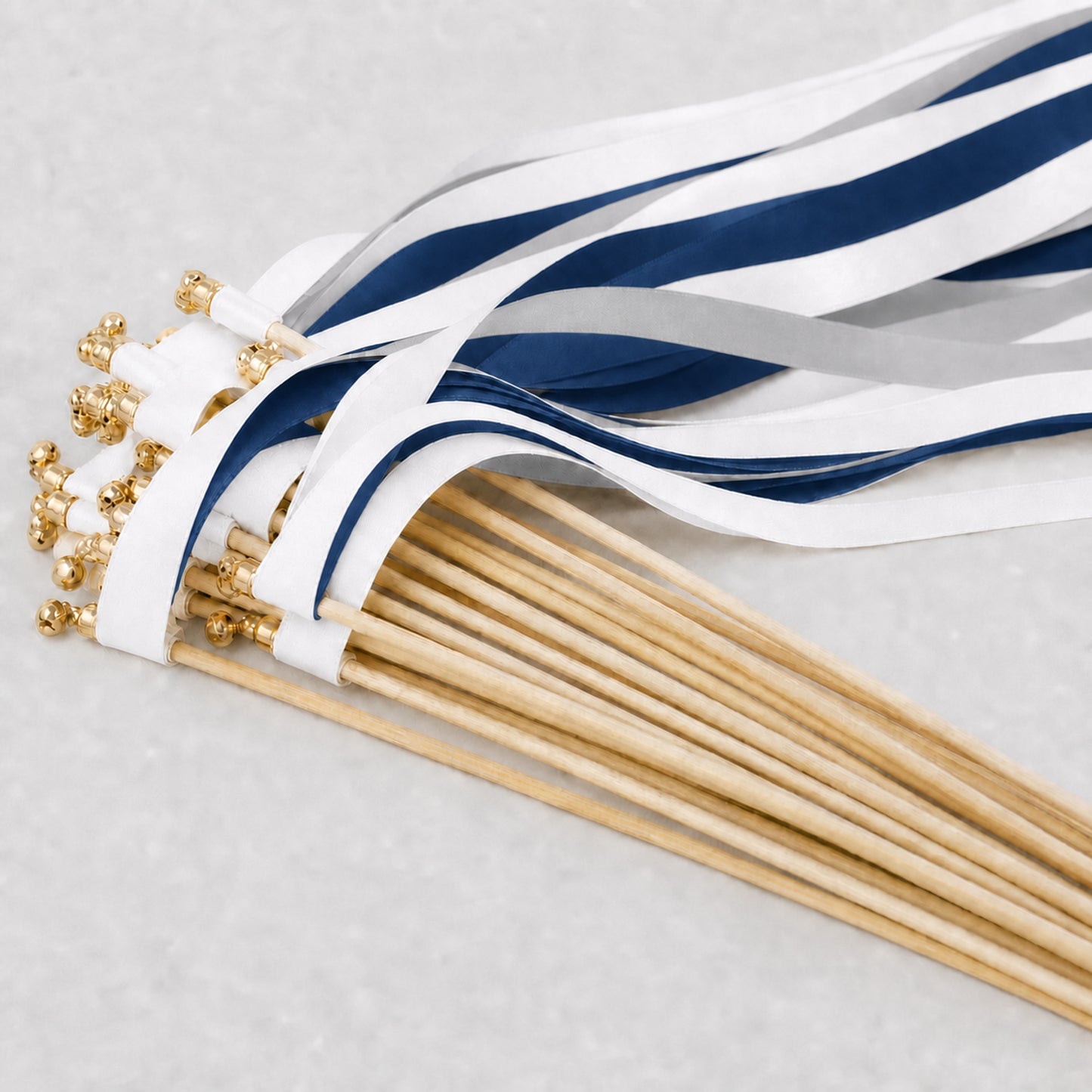 Classic Navy Wedding Ribbon Wands - White, Light Navy and Shell Gray with Bell