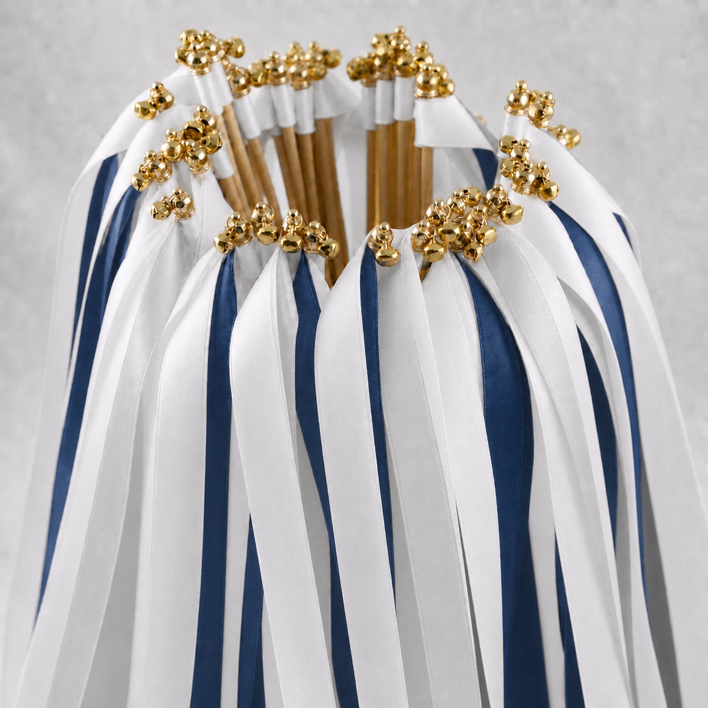 Classic Navy Wedding Ribbon Wands - White, Light Navy and Shell Gray with Bell