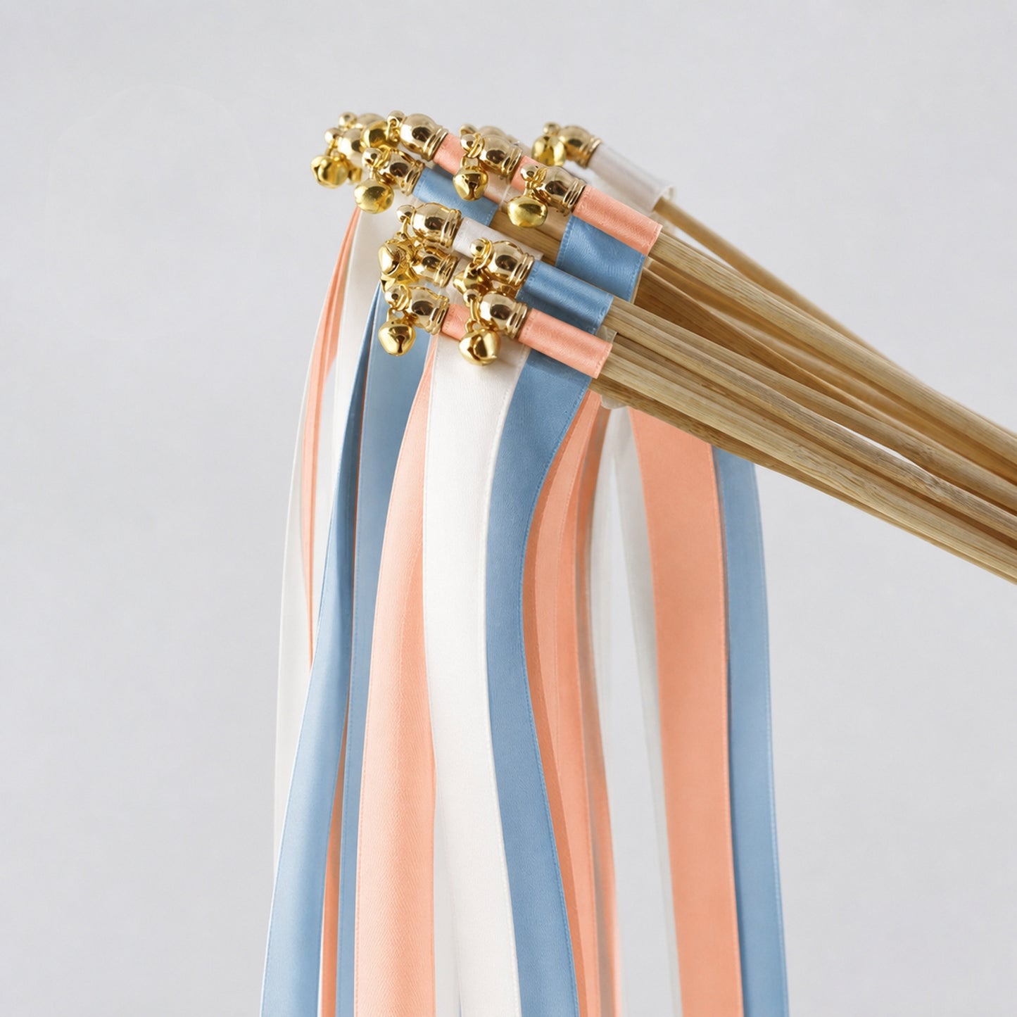 White Rose, Peach and Dusty Blue Handmade Ribbon Wands - Coastal Peach Wedding Send-Off