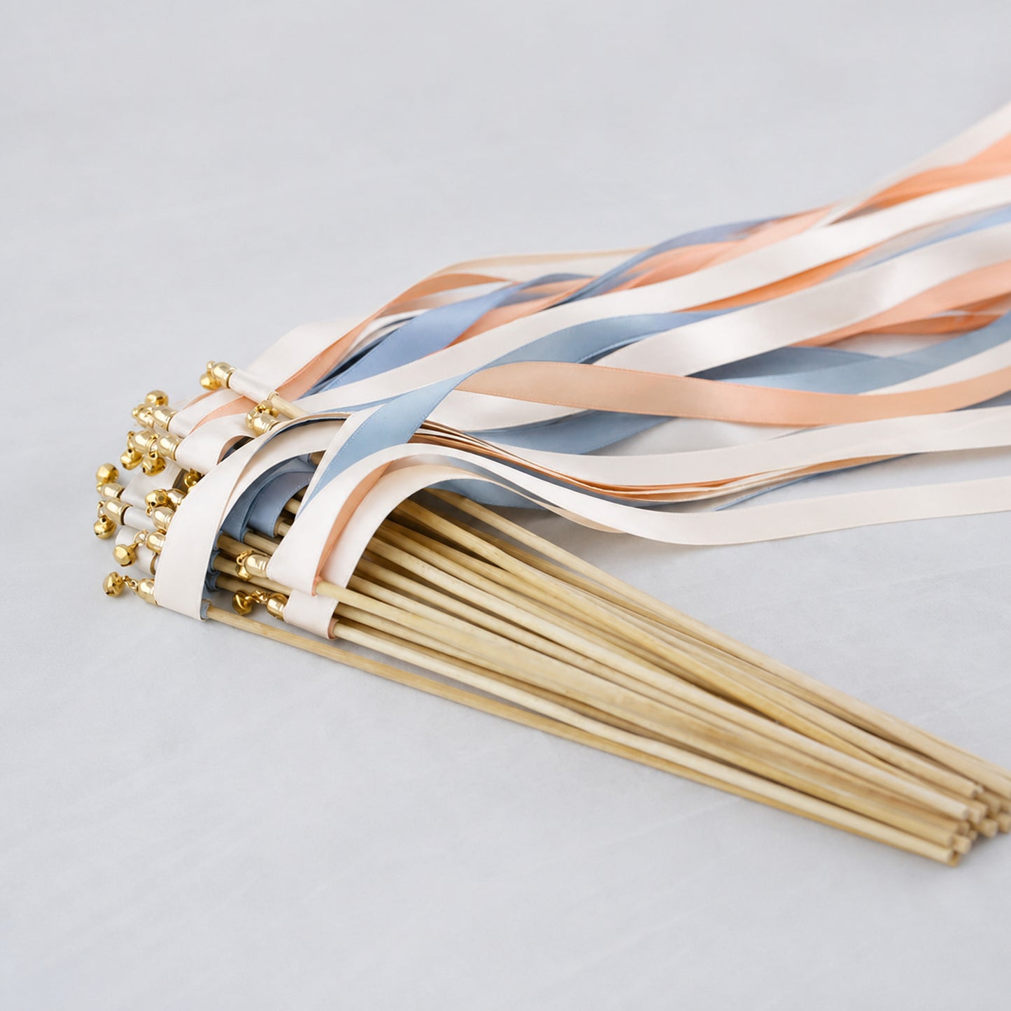 White Rose, Peach and Dusty Blue Handmade Ribbon Wands - Coastal Peach Wedding Send-Off