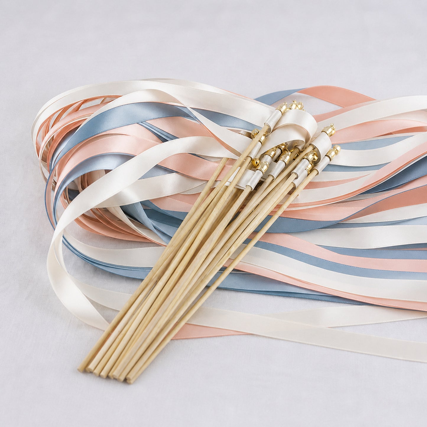 White Rose, Peach and Dusty Blue Handmade Ribbon Wands - Coastal Peach Wedding Send-Off
