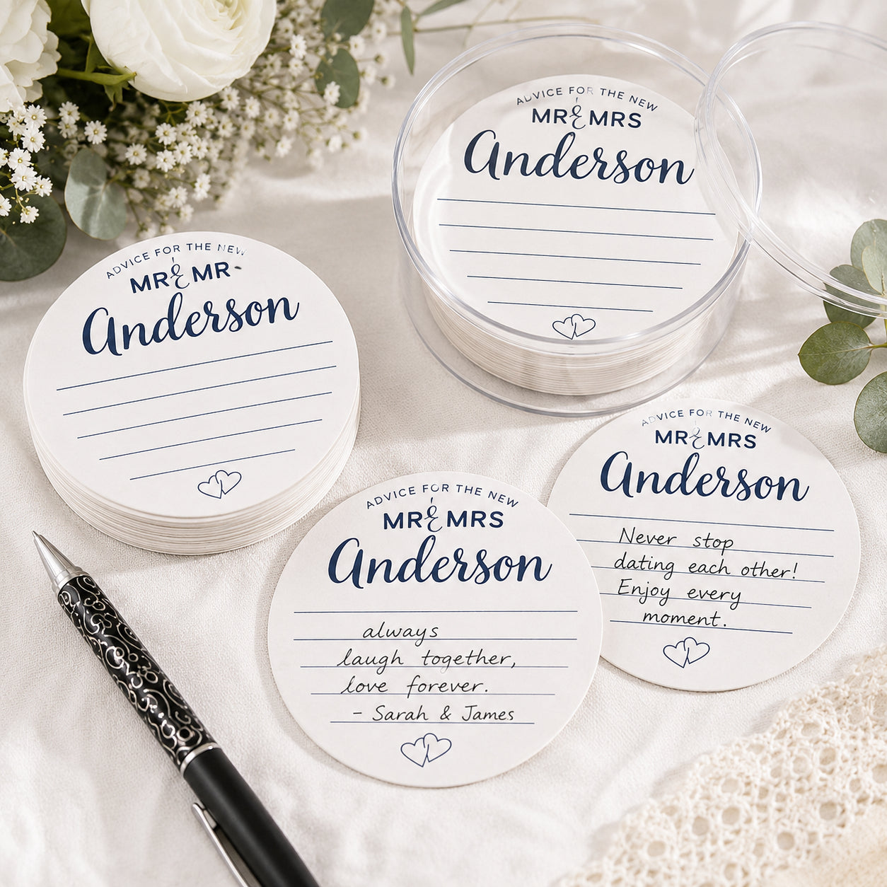 100 Personalized Wedding Advice Cards – 4" Round Guest Advice Cards for Bride & Groom Reception