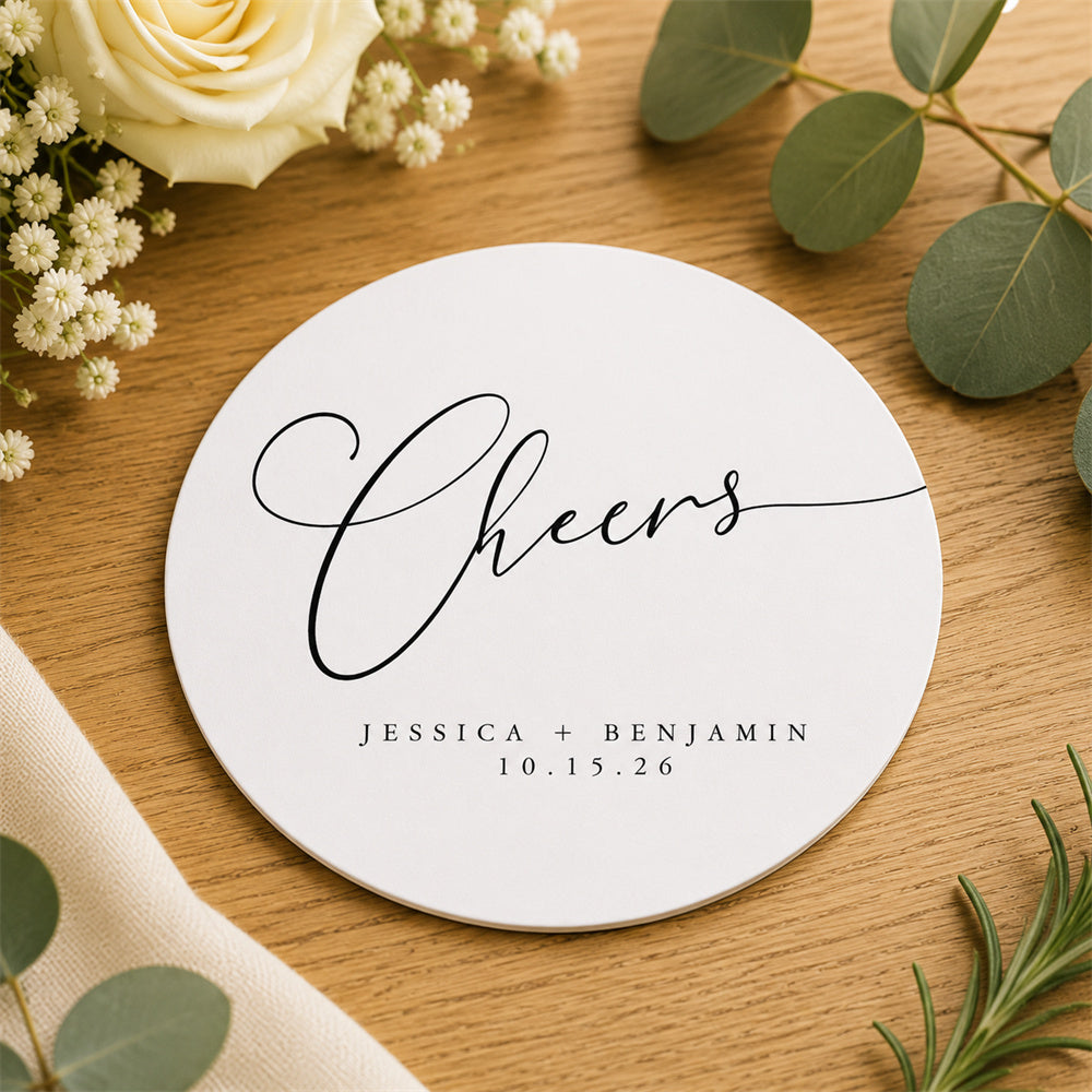 100pcs Custom Cheers Wedding Paper Coasters, Personalized Cocktail Drink Coasters, 4-inch Round