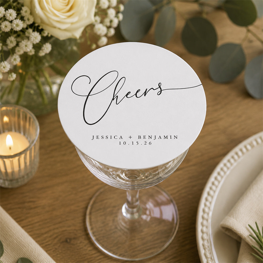 100pcs Custom Cheers Wedding Paper Coasters, Personalized Cocktail Drink Coasters, 4-inch Round