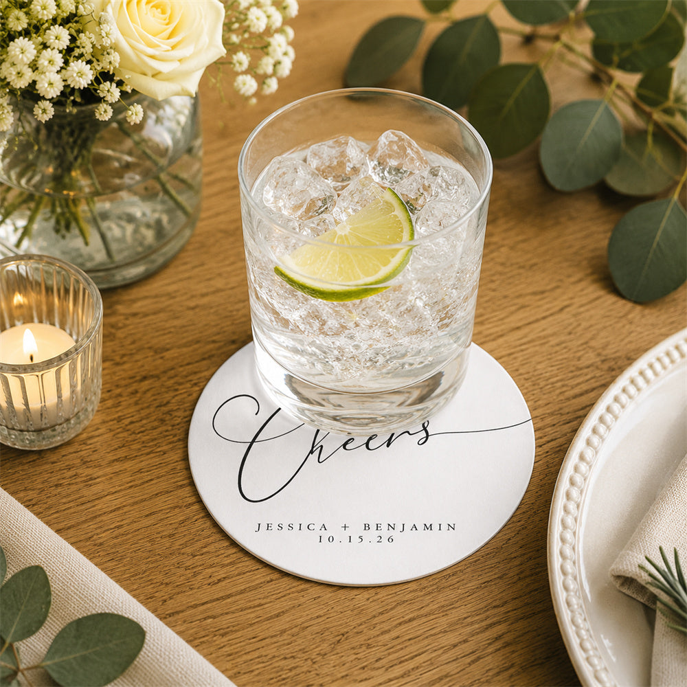 100pcs Custom Cheers Wedding Paper Coasters, Personalized Cocktail Drink Coasters, 4-inch Round