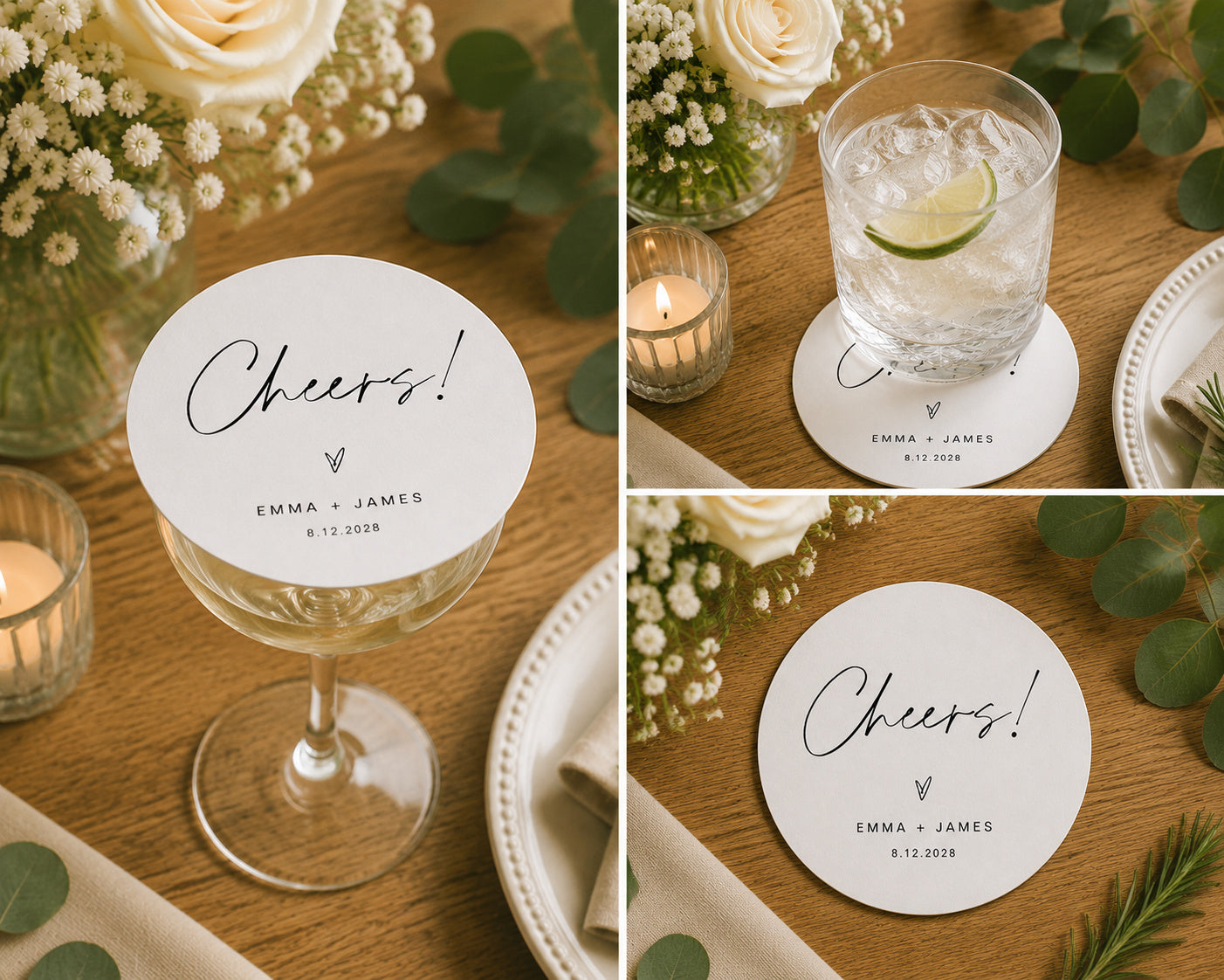 100pcs Personalized Cheers Wedding Paper Coasters, Custom Cocktail Drink Coasters, 4-inch Round