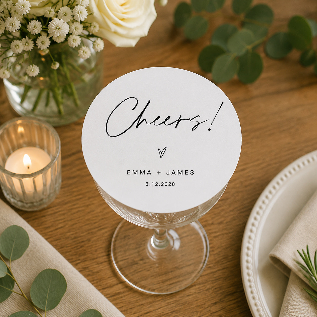 100pcs Personalized Cheers Wedding Paper Coasters, Custom Cocktail Drink Coasters, 4-inch Round