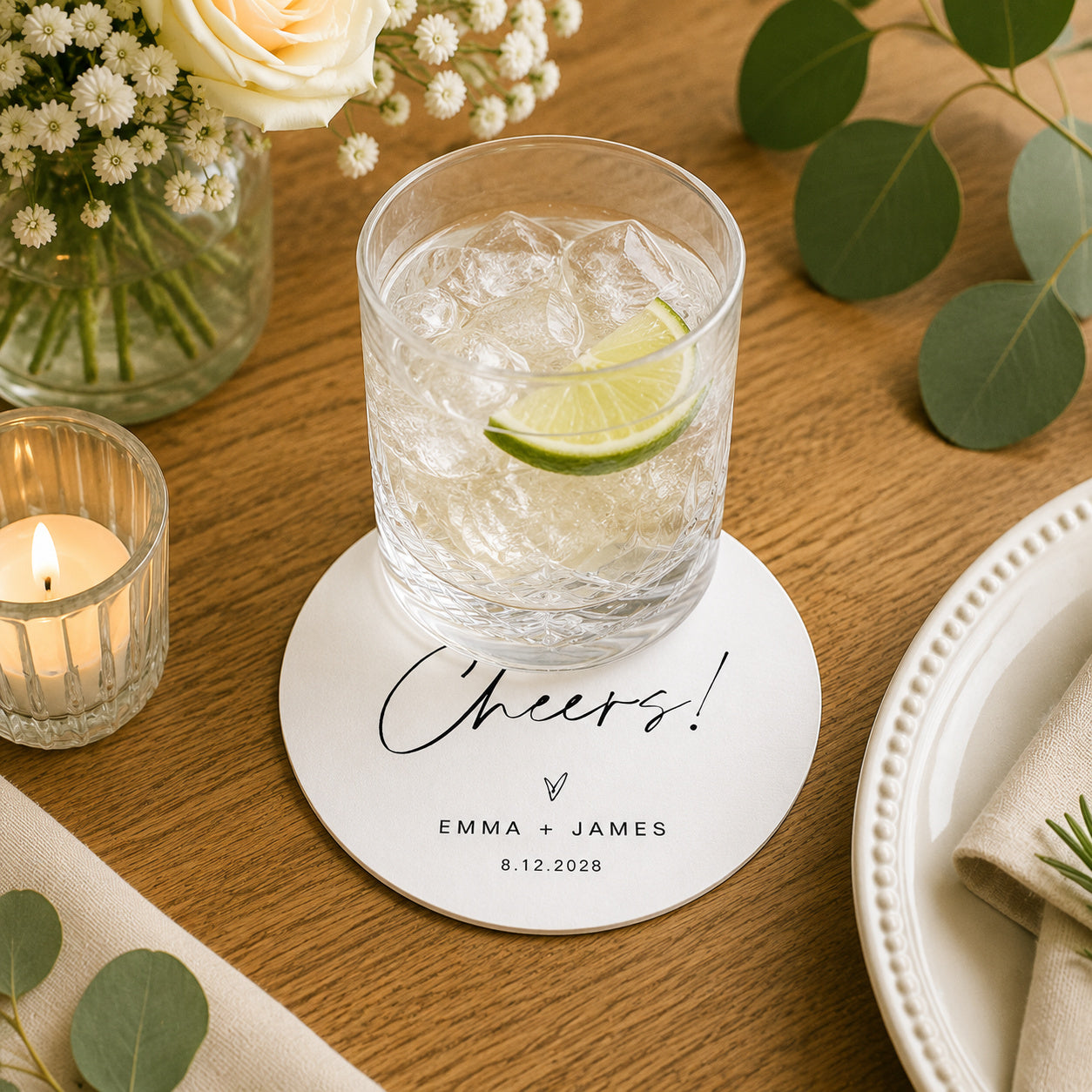 100pcs Personalized Cheers Wedding Paper Coasters, Custom Cocktail Drink Coasters, 4-inch Round