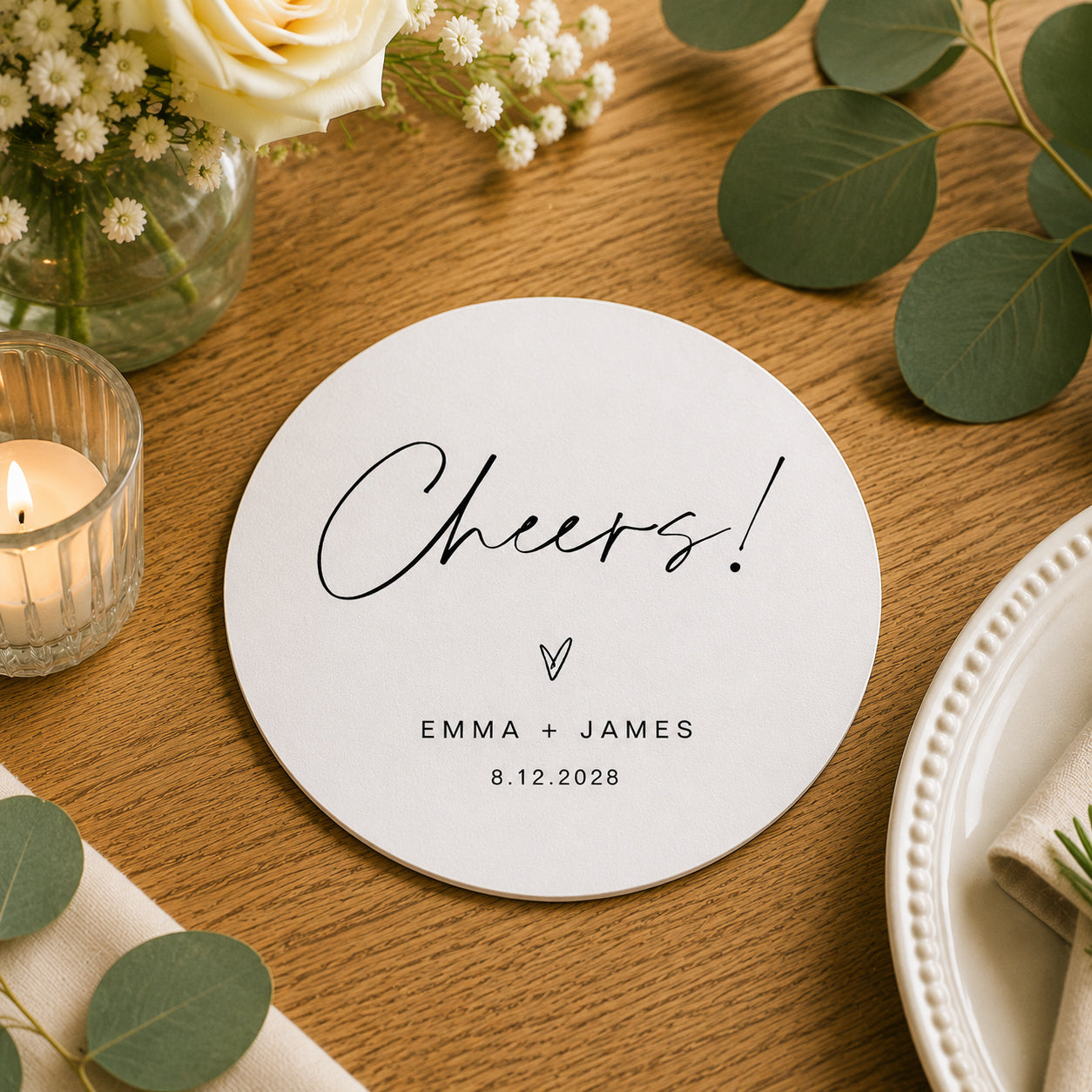 100pcs Personalized Cheers Wedding Paper Coasters, Custom Cocktail Drink Coasters, 4-inch Round