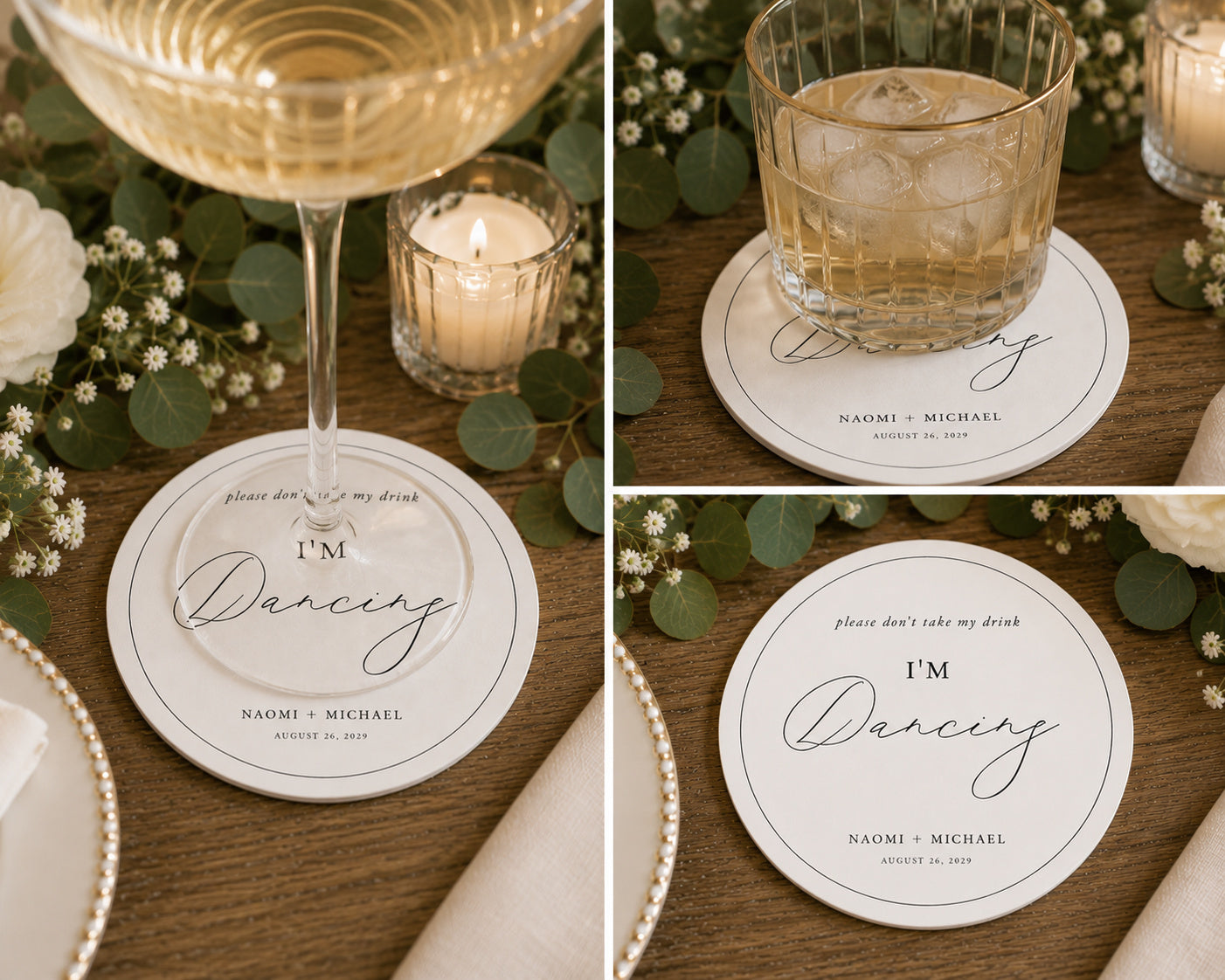 100pcs Personalized "I'm Dancing" Wedding Paper Coasters, Custom Drink Coasters, 4-inch Round, White & Black