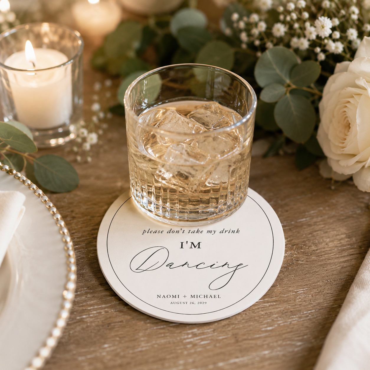 100pcs Personalized "I'm Dancing" Wedding Paper Coasters, Custom Drink Coasters, 4-inch Round, White & Black