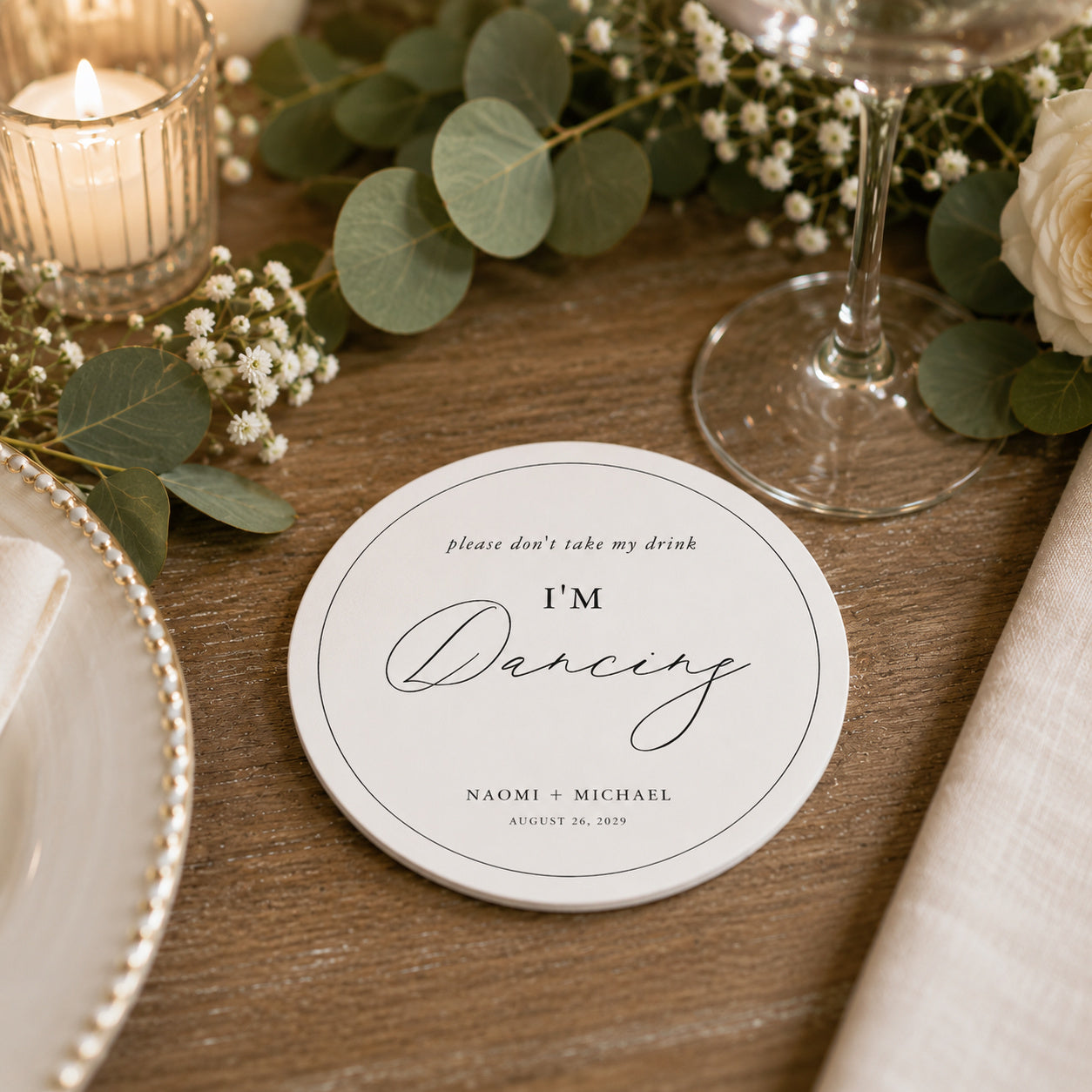 100pcs Personalized "I'm Dancing" Wedding Paper Coasters, Custom Drink Coasters, 4-inch Round, White & Black