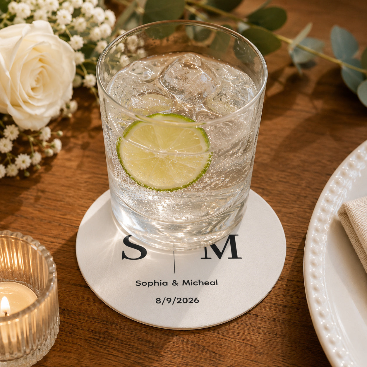 100pcs Personalized Initial Wedding Paper Coasters, Modern Monogram Drink Coasters, 4-inch Round