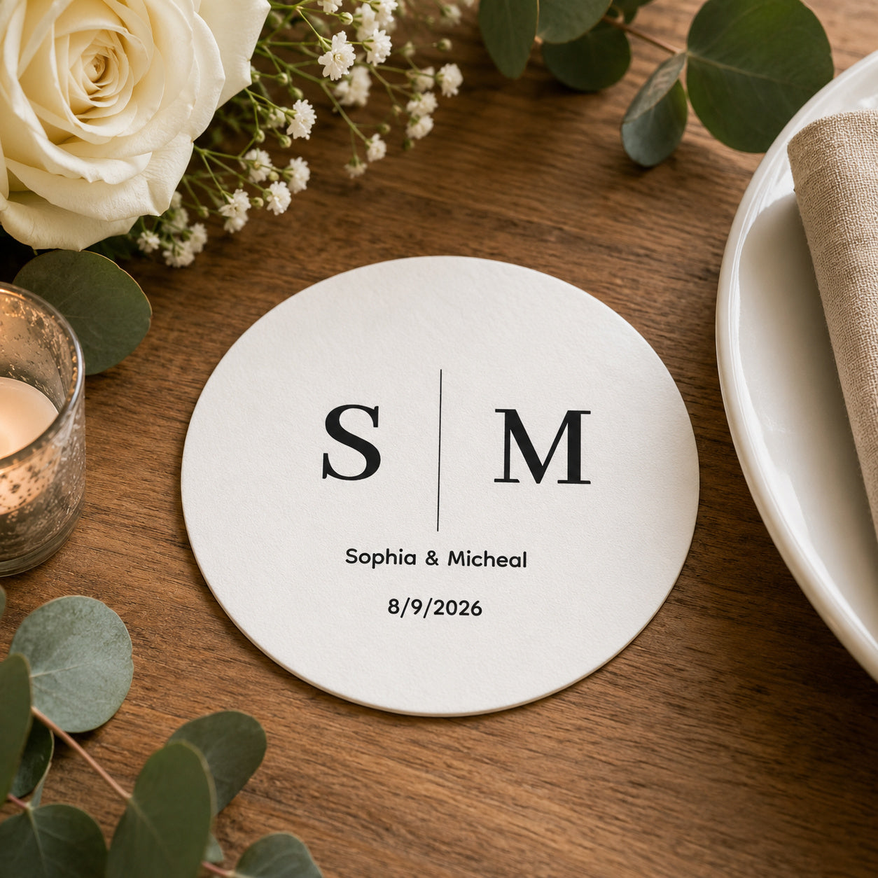 100pcs Personalized Initial Wedding Paper Coasters, Modern Monogram Drink Coasters, 4-inch Round
