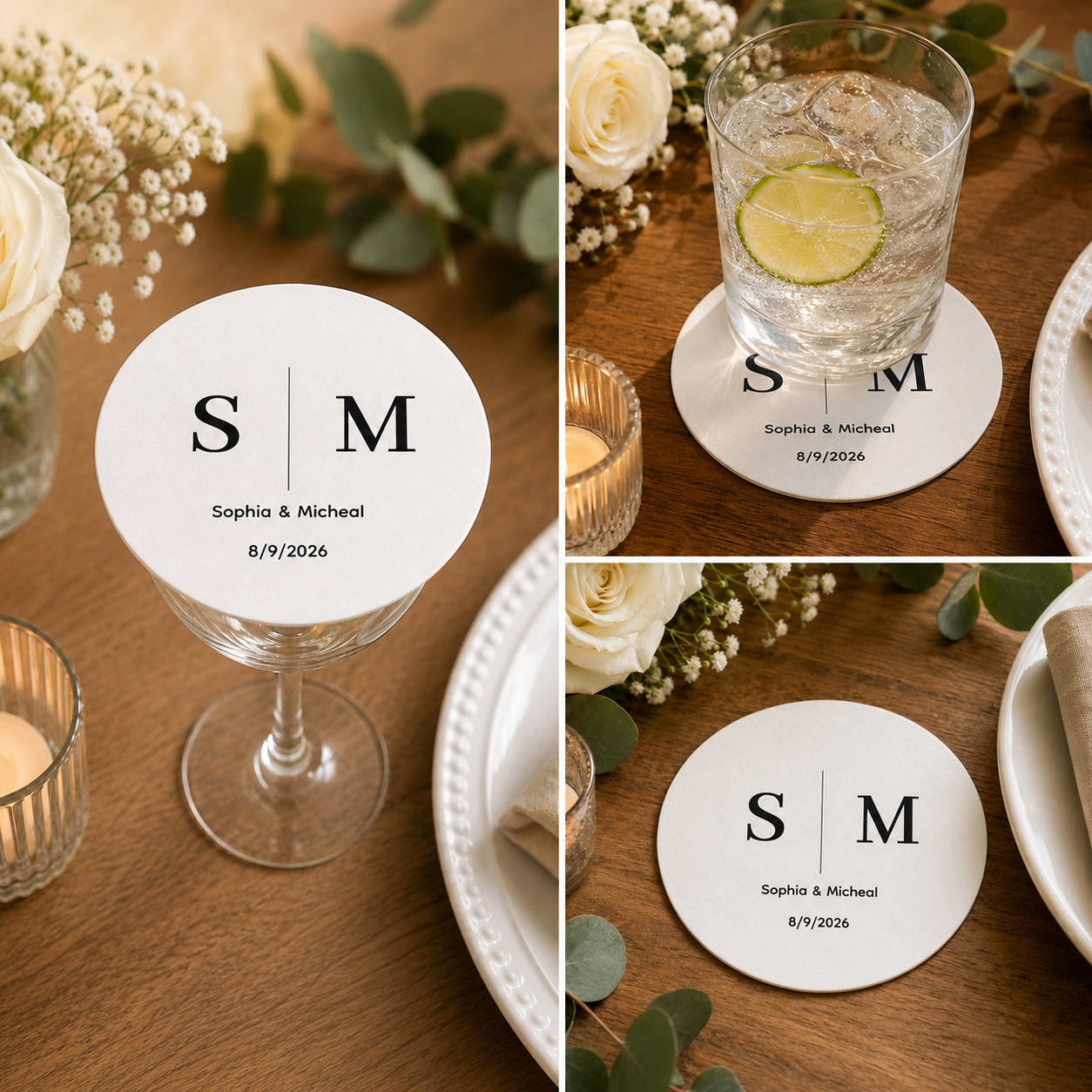 100pcs Personalized Initial Wedding Paper Coasters, Modern Monogram Drink Coasters, 4-inch Round