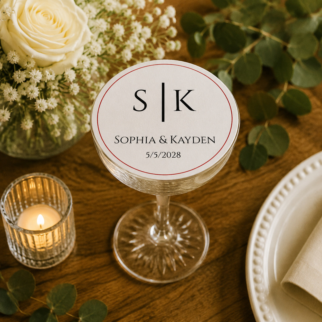 100pcs Personalized Monogram Wedding Paper Coasters, Custom Initial Drink Coasters, 4-inch Round