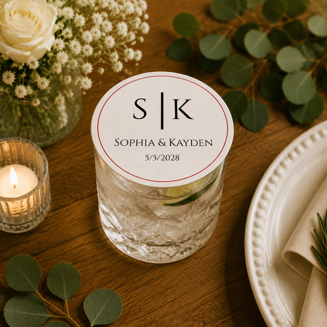 100pcs Personalized Monogram Wedding Paper Coasters, Custom Initial Drink Coasters, 4-inch Round