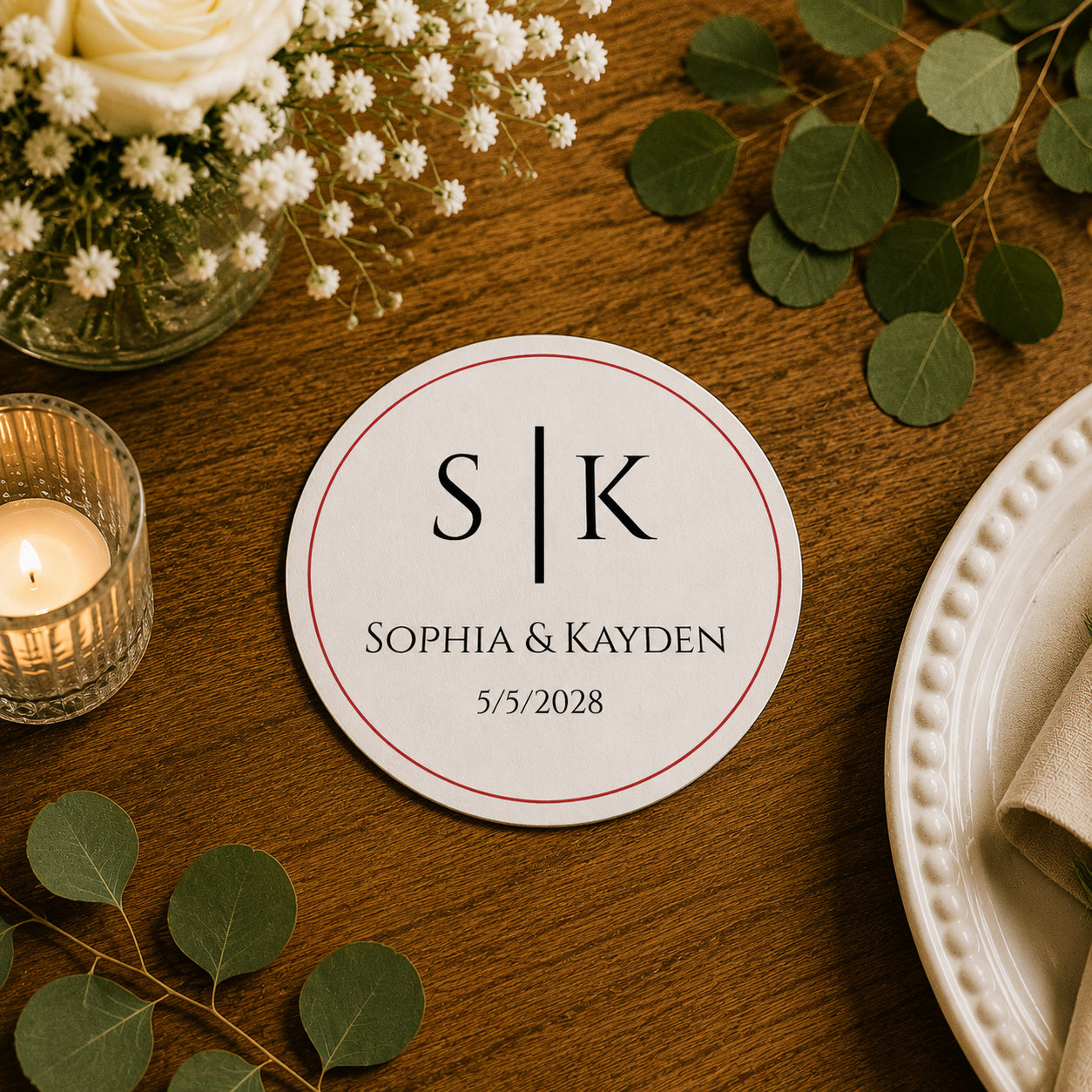 100pcs Personalized Monogram Wedding Paper Coasters, Custom Initial Drink Coasters, 4-inch Round