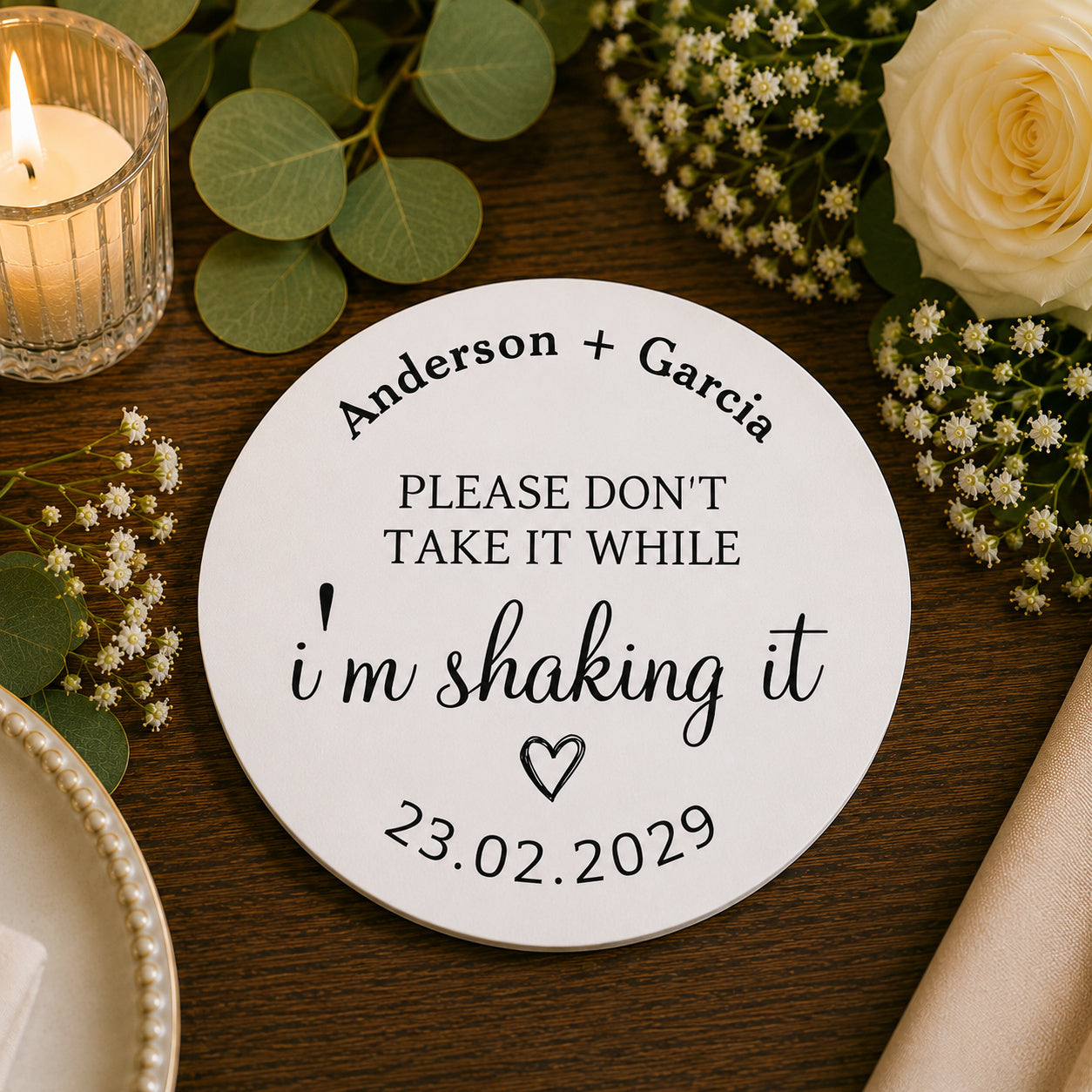 100pcs Personalized "Please Don't Take It While I'm Shaking It" Wedding Paper Coasters, Custom Cocktail Drink Coasters